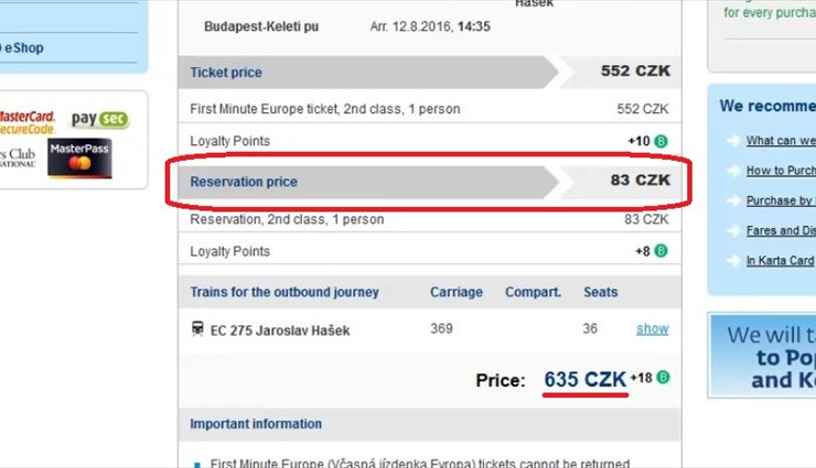 Также мы заплатили дополнительно 83 кроны (~ 215 рублей) при покупке билета за резервировние нам места в поезде
