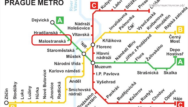 Доезжаем до станции метро - Malostranská (зеленая линия А)