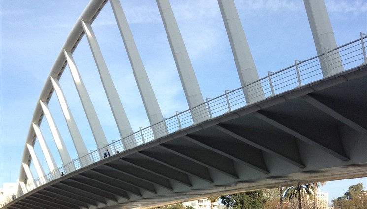 Выставочный мост работы архитектора Сантьяго Калатравы изгибается над бывшим руслом валенсийской реки Турия, подобно изящному белому гребню